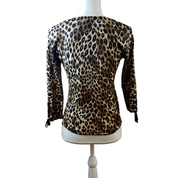 Silk Blend Womens Medium Knit Top Leopard Animal Print 3/4 Sleeve Lace Up Detail - Picture 3 of 7